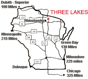 Wisconsin State Map showing the location of Three
              Lakes